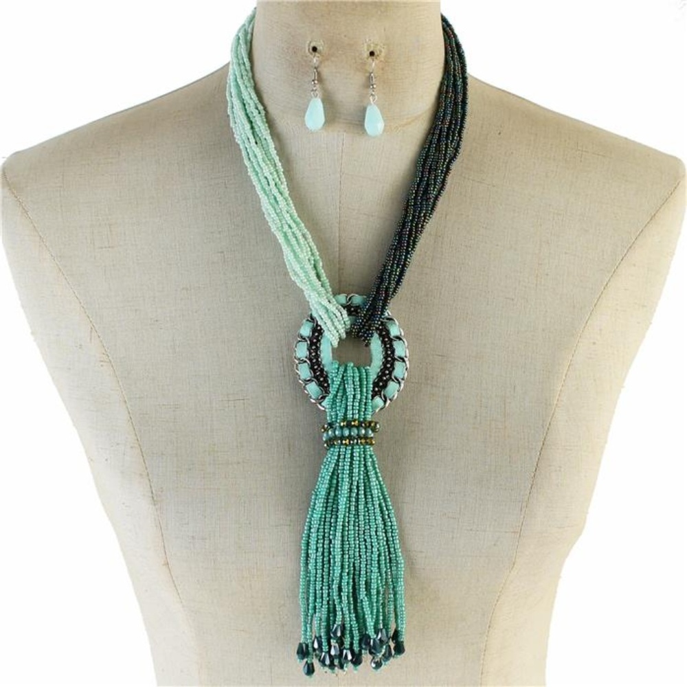 Multi Strand Turquoise Cream Tassel Necklace Set